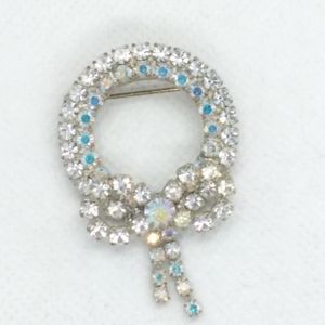 Vintage AB Crystal Wreath with Bow Brooch Pin